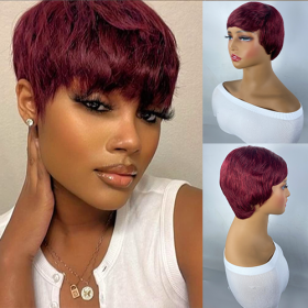 Short And Straight, Elf, Human Hair Non-toxic Wig, Burgundy, Short And Elf Haircut, Ladies Wig, Applicable To The Whole Scene.